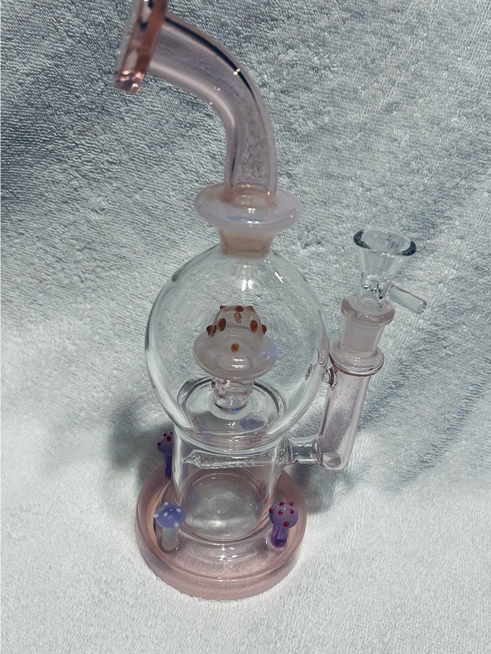 Clear Glass Recycler Water Piece with Pink Accents and Mushroom Decorations